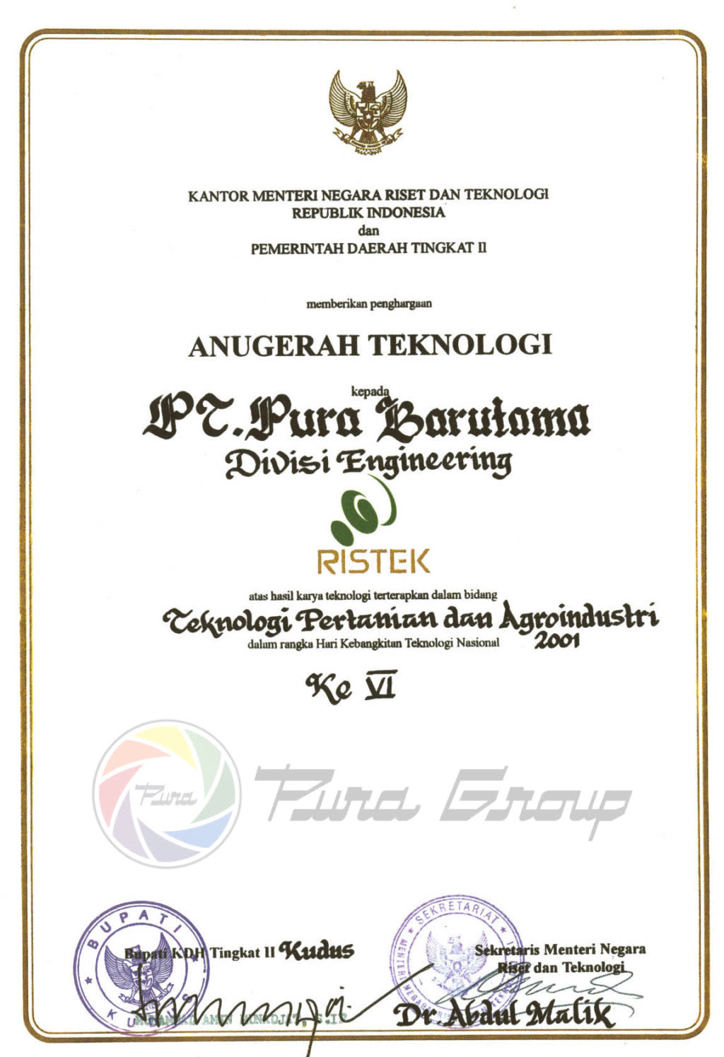 RESEARCH AND TECHNOLOGY MINISTRY AWARD 2001