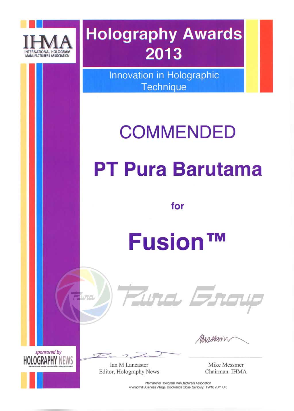 HOLOGRAPHY AWARDS 2013 (COMMENDED) UNTUK HOLOGRAM FUSION