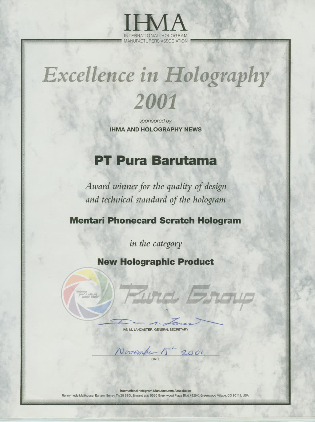 IHMA AWARD 2001FOR NEW HOLOGRAPHIC PRODUCT